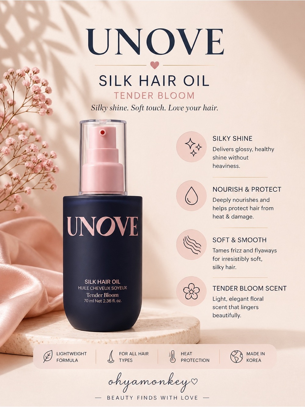 Unove Tender Bloom Silk Hair Oil 70ml